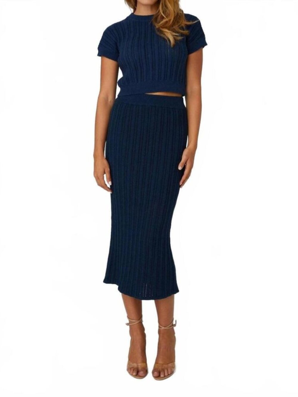 JS71 Halsey Knit Skirt Set Navy Blue Cotton Blend Two Piece Coordinating Set, S